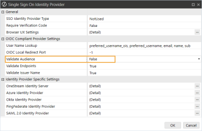 The Single Sign On Identity Provider dialog box has a grid with row headings that have a gray background with black text and can be expanded to display fields with a white background and black text. In this example, in the OIDC Compliant Provider Settings section, Validate Audience is highlighted to show that it is set to False.